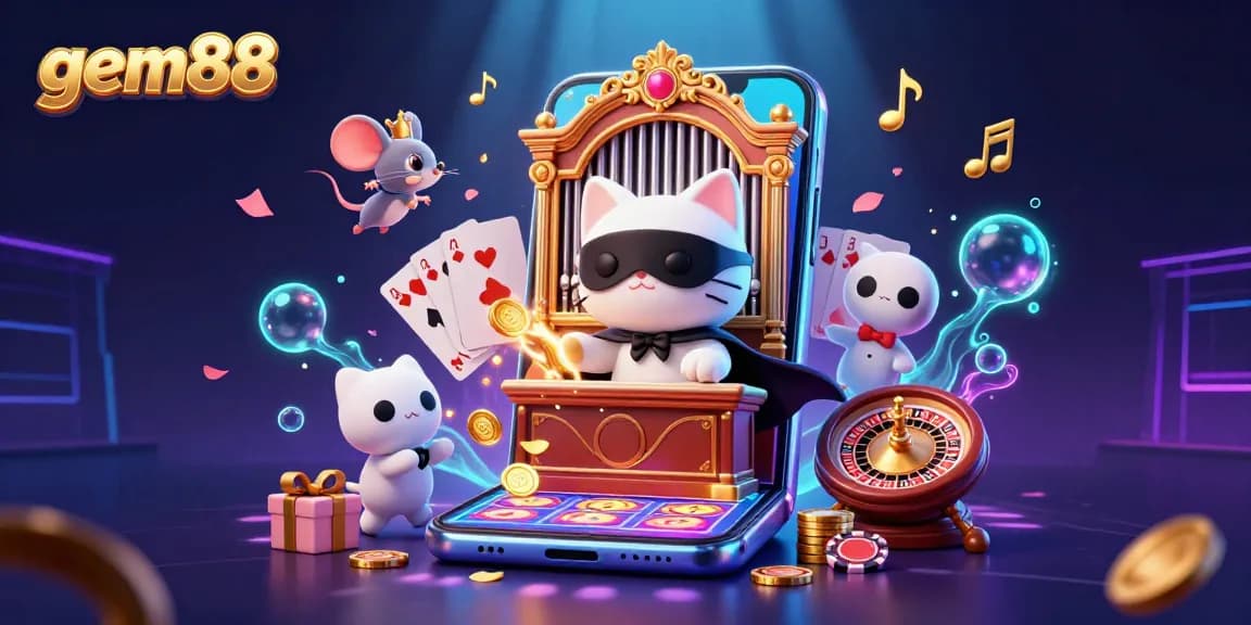 Experience thrilling gaming at gem88 with an enchanting casino scene filled with vibrant game elements and characters.