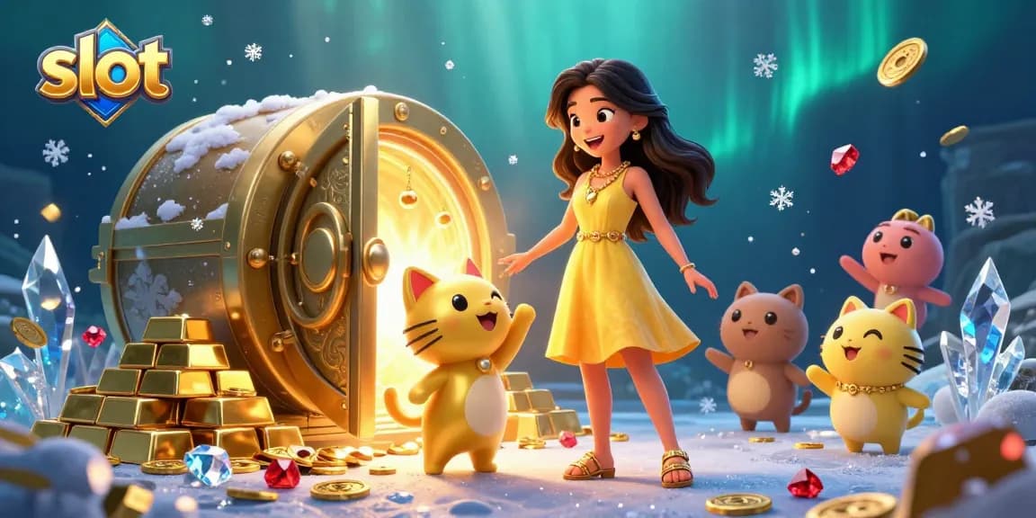 Spin the slot reels with luck as a cheerful woman engages with a lucky cat in a vibrant casino scene.