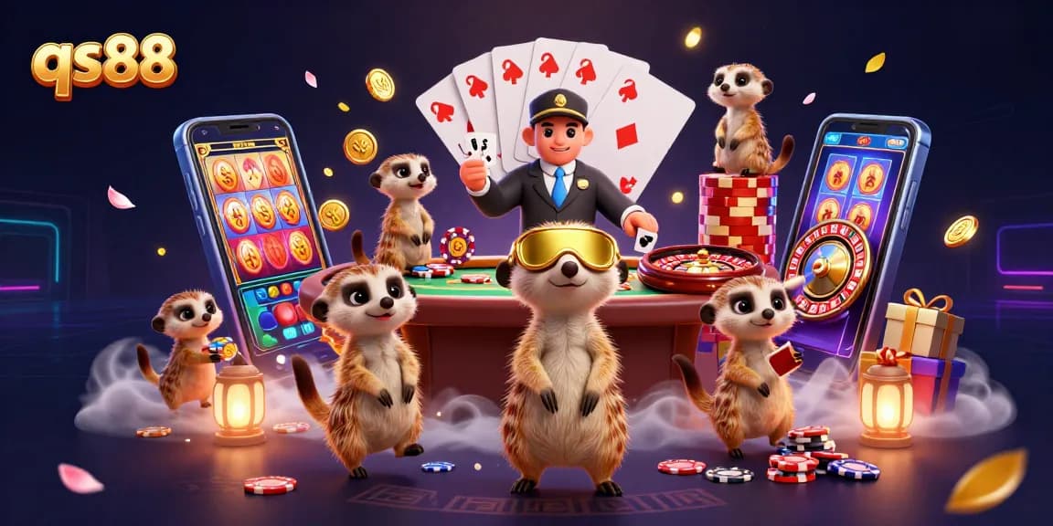 Experience the excitement of qs88 with animated meerkats managing a lively casino scene.