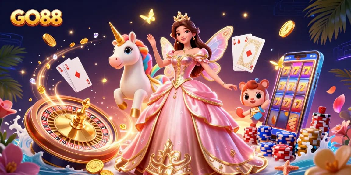 Experience excitement with GO88, featuring vibrant casino elements and enchanting characters.