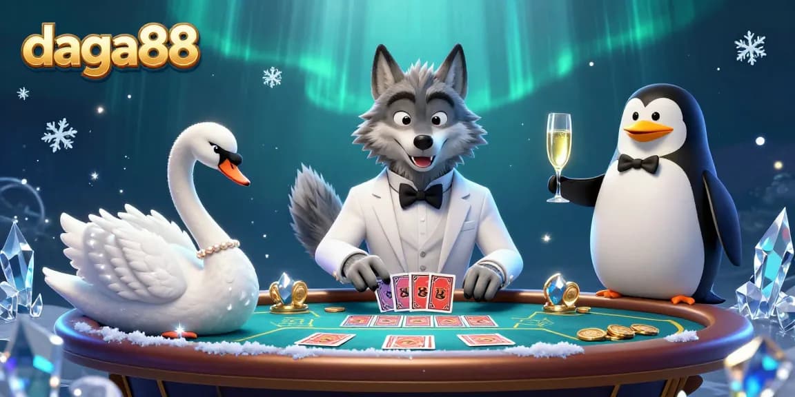 Engage in thrilling gameplay at daga88 with a 3D cartoon wolf and friends at a luxury casino table