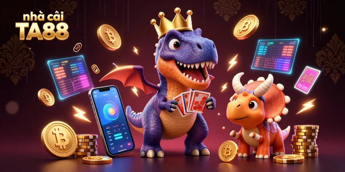 Experience the excitement at nhà cái TA88 with a lively 3D illustration of gaming characters and crypto elements.