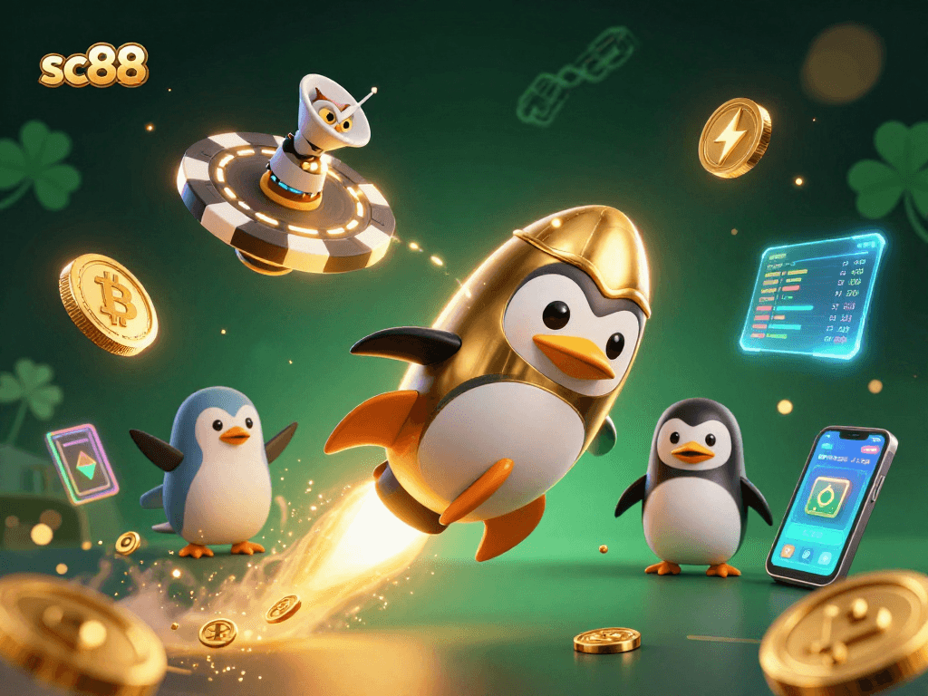 Engage with SC88 and its vibrant casino universe featuring a golden penguin among crypto elements.