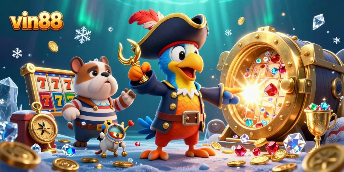 Spin and win with vin88's vibrant 3D casino scene featuring a pirate, bulldog, and cat surrounded by treasures.
