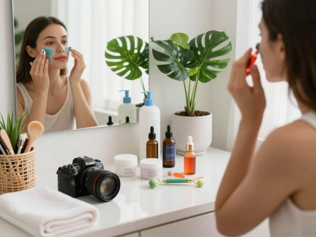 Aplicarea produselor naturale pentru îngrijirea tenului într-o baie modernă și luminoasă cu produse de îngrijire a pielii.