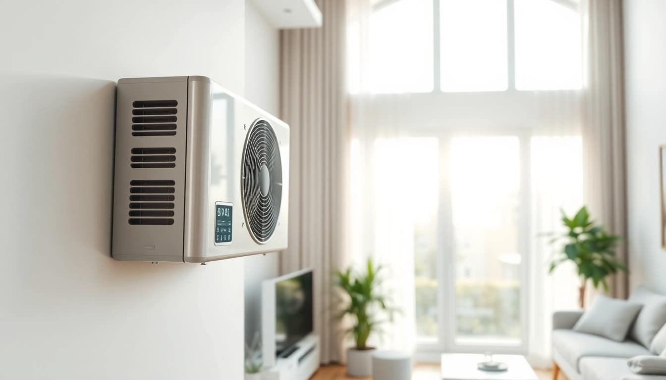 Mini split ac unit installed in a stylish living room, offering energy-efficient climate control.