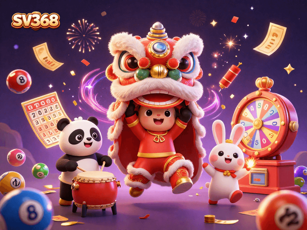 Engage with SV368 in a lively festive 3D casino scene featuring a lion dance and exciting lottery elements.