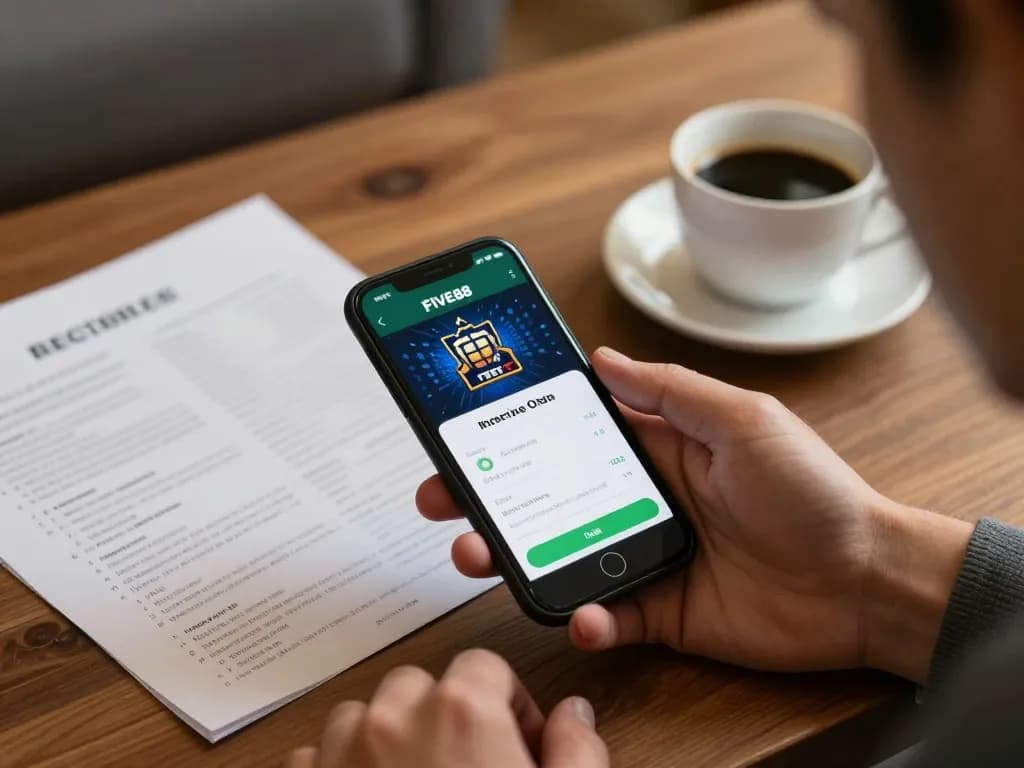 Engaging with the FIVE88 app on smartphone in a cozy living room for strategic online gambling.