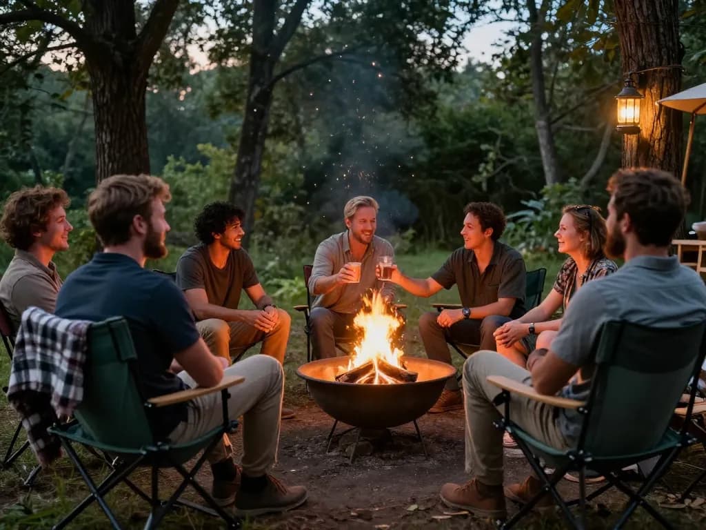 Engaging group of men at a manclub sharing stories and support around a warm fire.