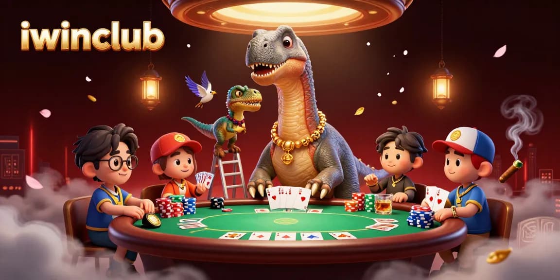 iwinclub brings excitement to poker night with a 3D illustration of vibrant characters and game elements.