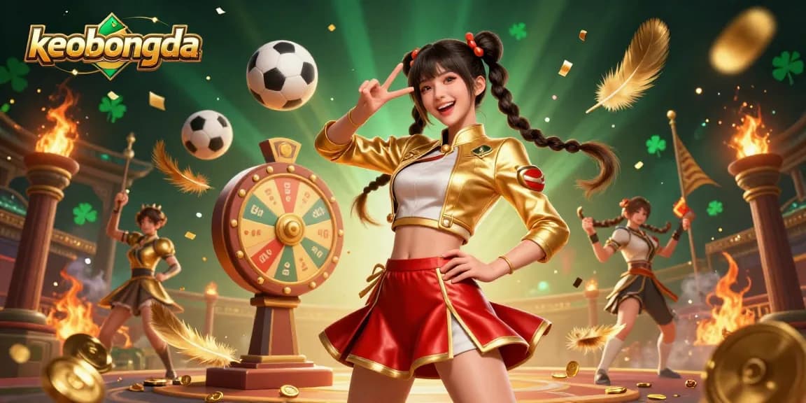 Join the excitement with keobongda as vibrant sports elements and a thrilling atmosphere surround a joyful Asian woman.