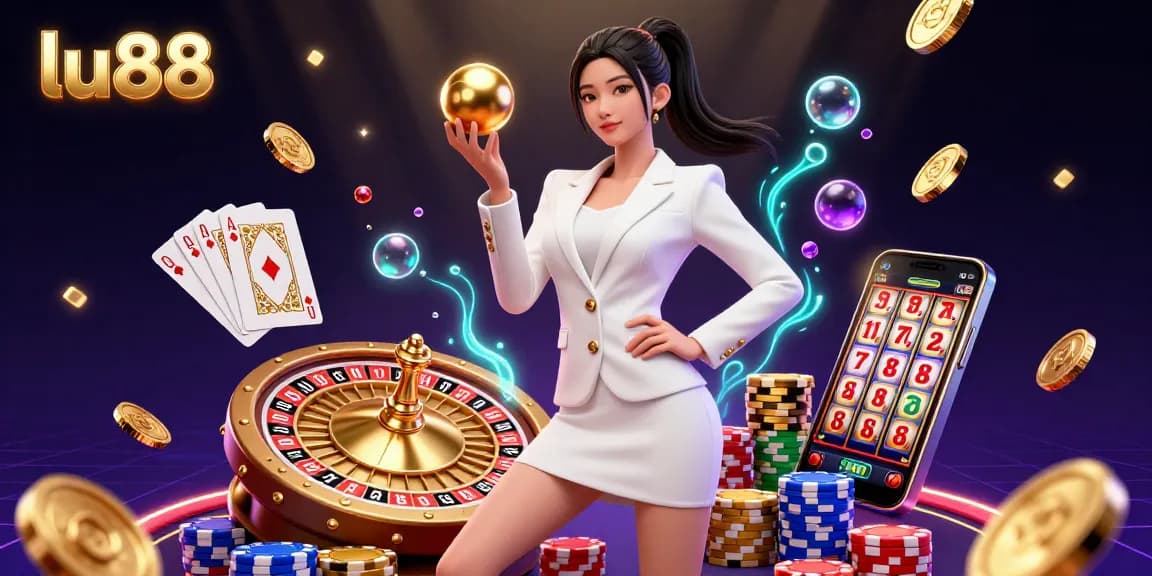 Experience the thrill of lu88 with an engaging casino scene of stunning Asian woman holding a roulette ball in a golden environment.