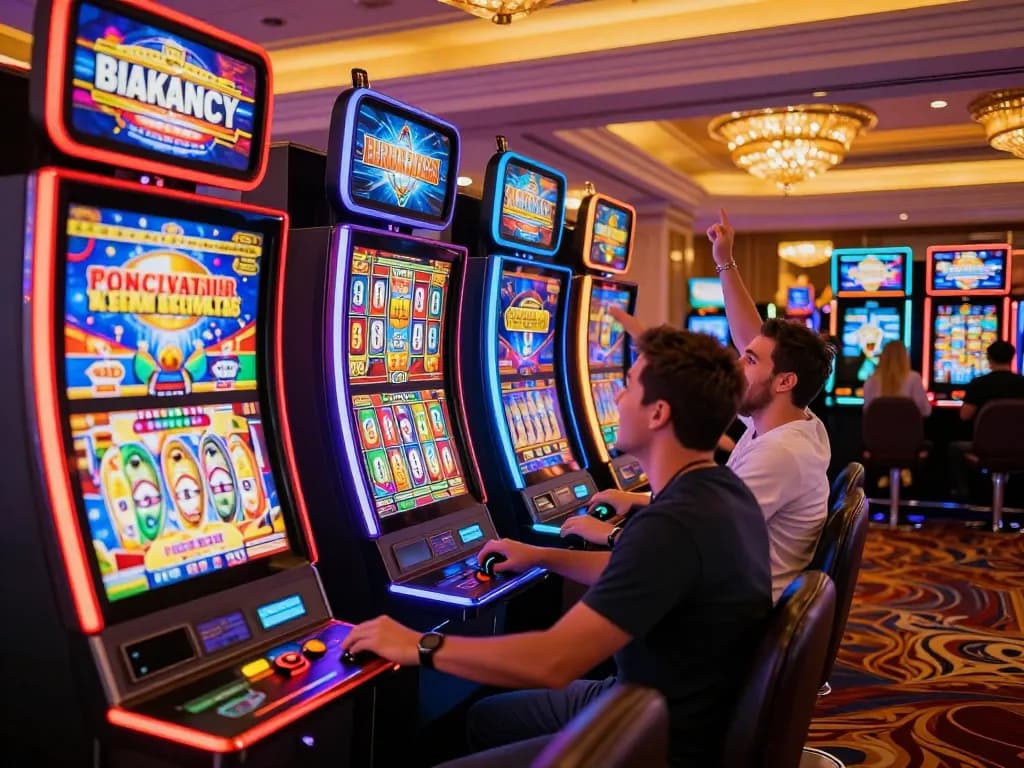 Players enjoying the excitement of slot machines at xi88 casino, vibrant and dynamic gaming atmosphere