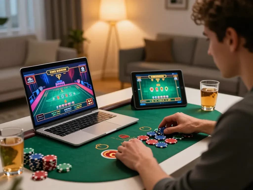 Player engaging with tx88 online casino as laptop displays live dealer game and colorful chips.