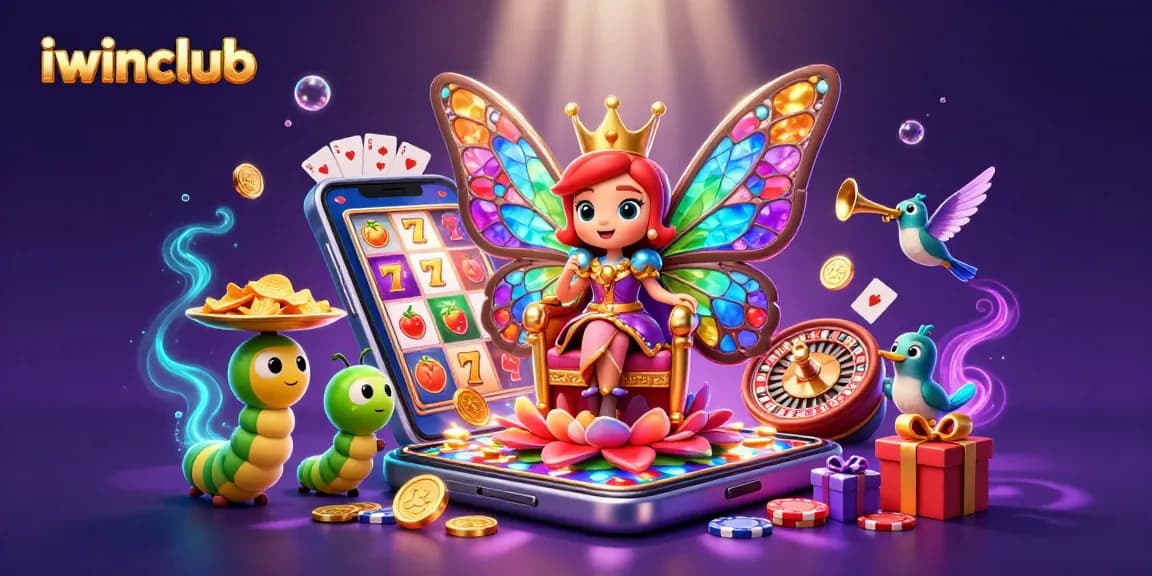 Win big at iwinclub with a dazzling scene showcasing a butterfly queen and vibrant slot games.