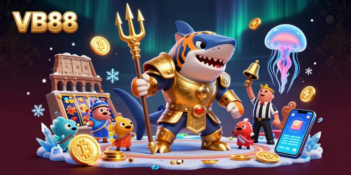 Experience exciting gameplay at VB88 with vibrant slot reels and dynamic cryptocurrency elements in a lively underwater scene.