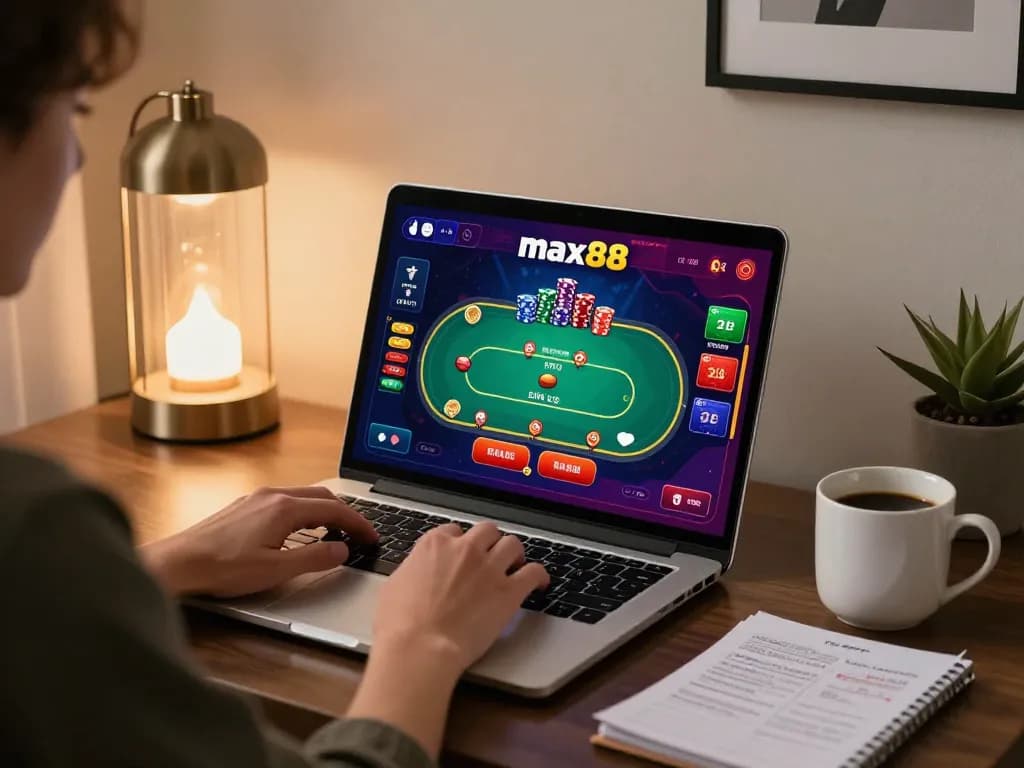 Engaging in max88 casino gameplay on laptop comfortably at home, showcasing poker interface and strategy notes