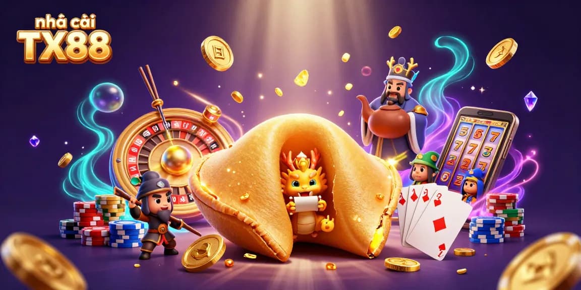 Engage with nhà cái TX88 for an immersive gaming experience with golden treasures and vibrant casino elements.
