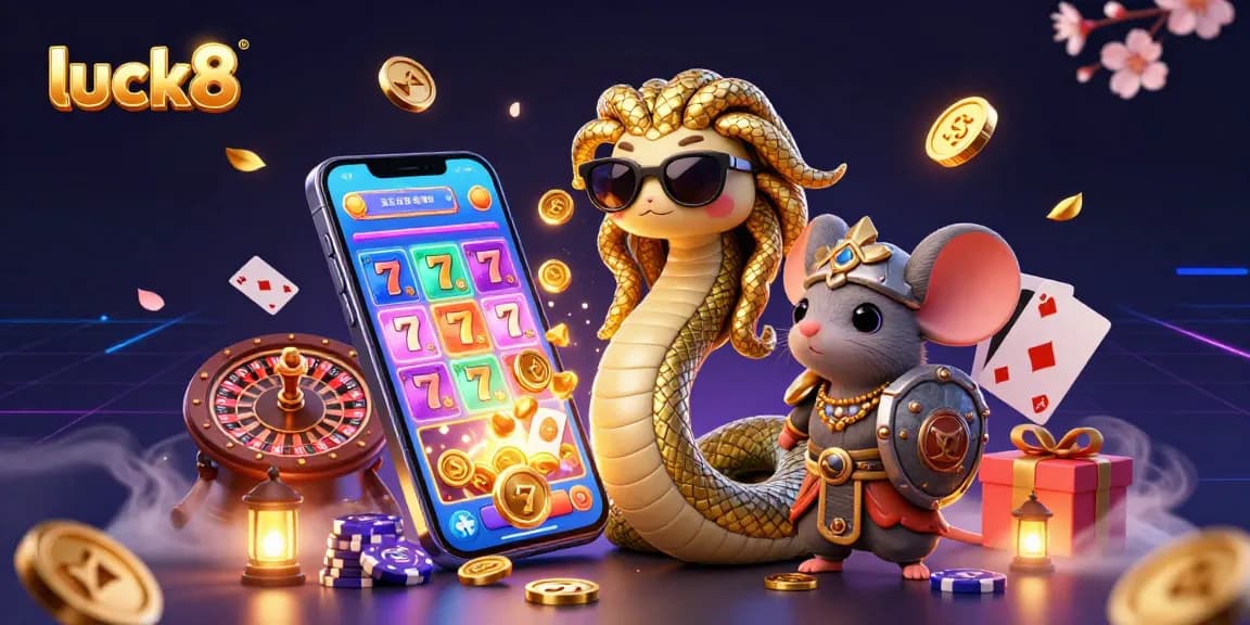Experience the vibrant energy of luck8 with a lively casino scene featuring unique characters and slot elements.