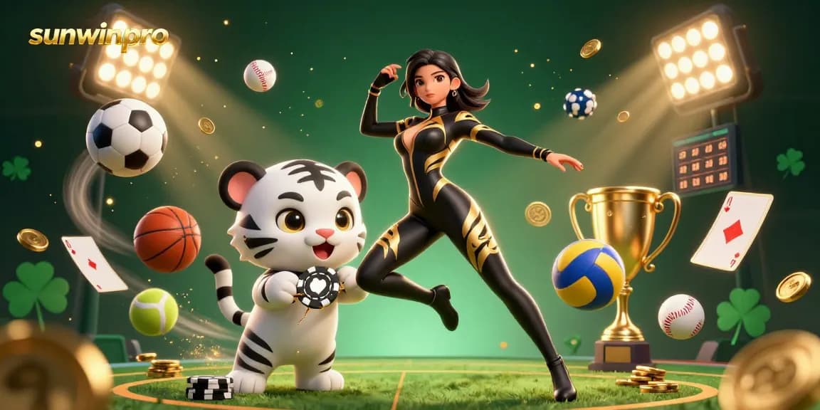Experience sunwinpro with a dynamic 3D illustration of a gaming scene featuring a woman and a tiger.