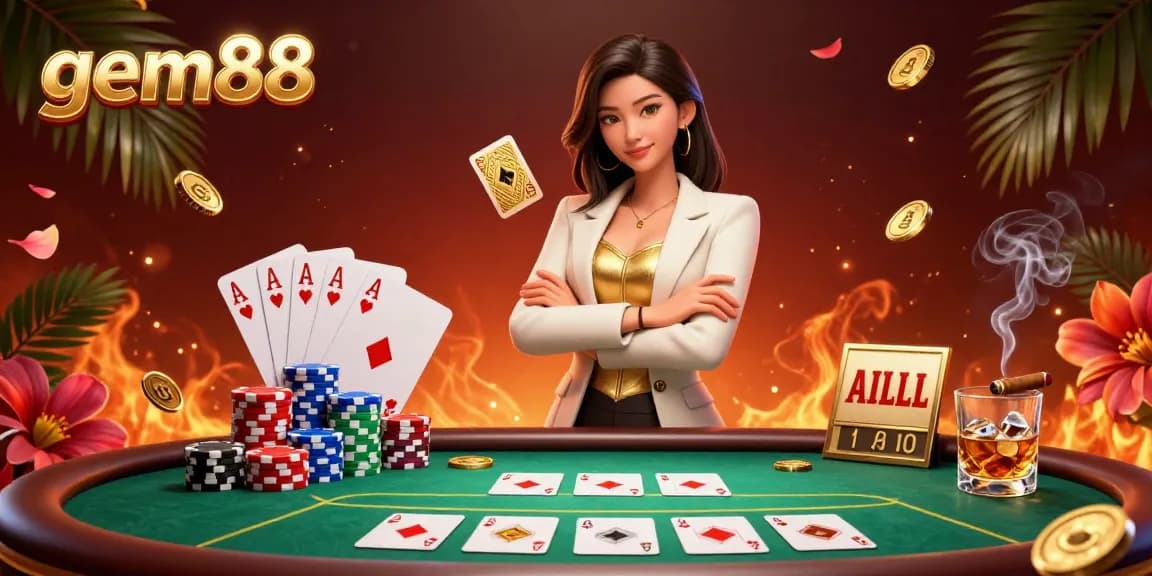 Experience thrilling poker action at gem88 with a glamorous businesswoman and vibrant casino elements.
