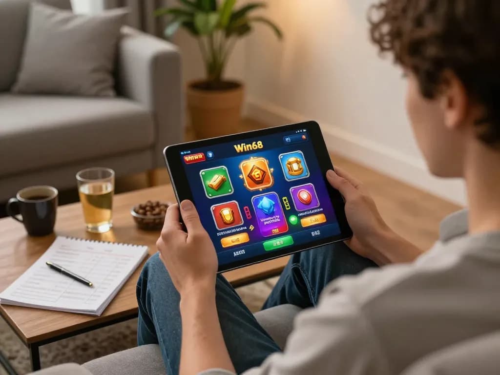 Engaged player using Win68 app on tablet for online casino gaming while managing strategy notes