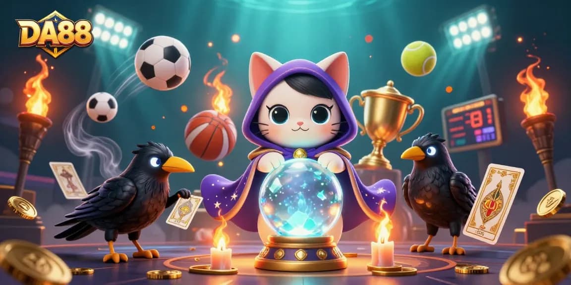 Engage with DA88 gaming excitement featuring an enchanted fortune teller and sports elements in a vibrant scene.