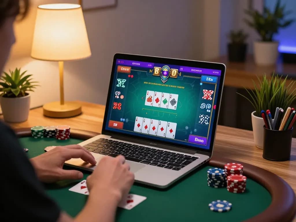 Player enjoying poker on au88 com, focused on online gameplay in cozy home setting