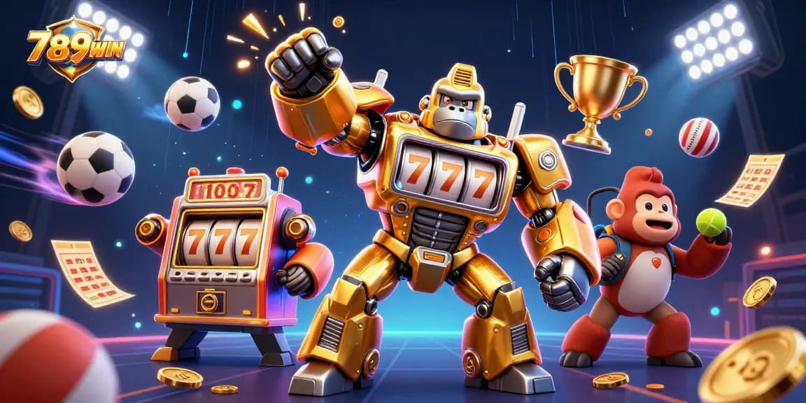 Place bets with 789WIN’s energizing slots and dynamic sports elements in a vibrant casino illustration.