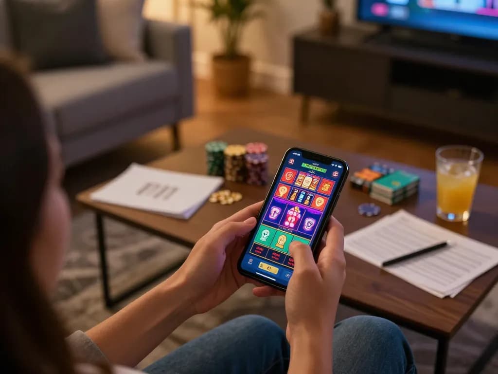 Engaging with the 7me mobile casino app in a stylish home setting for responsible gaming.