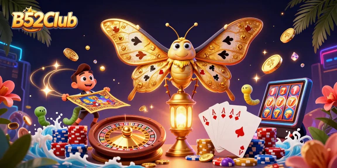 B52Club showcases exhilarating casino action with a vibrant 3D illustration featuring unique elements like golden wings and sparkling gems.