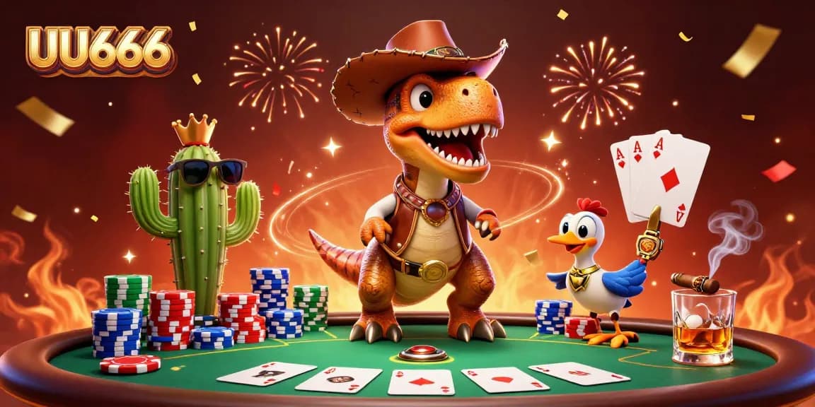 Join the excitement at UU666 with dynamic poker action featuring a cartoon T-Rex, chips and cards!