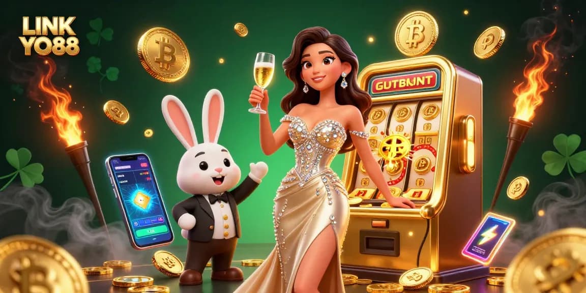Experience thrilling moments at LINK YO88 with a glamorous character celebrating by a jackpot slot machine.