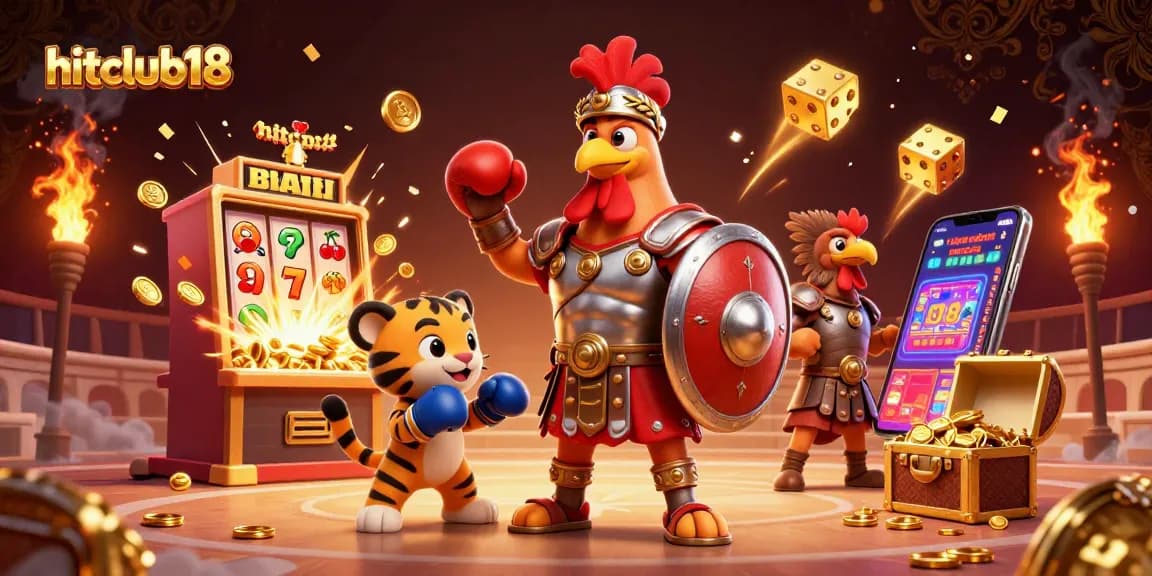 Experience thrilling jackpots at hitclub18 with a dynamic 3D casino illustration featuring a gladiator rooster and vibrant gaming elements.