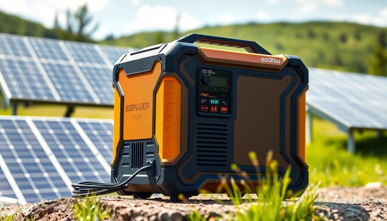 EcoFlow portable power station providing efficient energy solutions in a scenic outdoor environment.