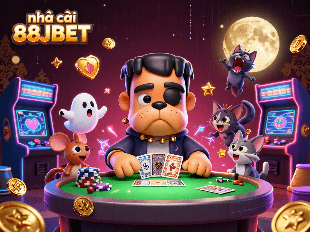 nhà cái 88JBET deals cards while a ghost mouse floats through chips in this vibrant casino scene
