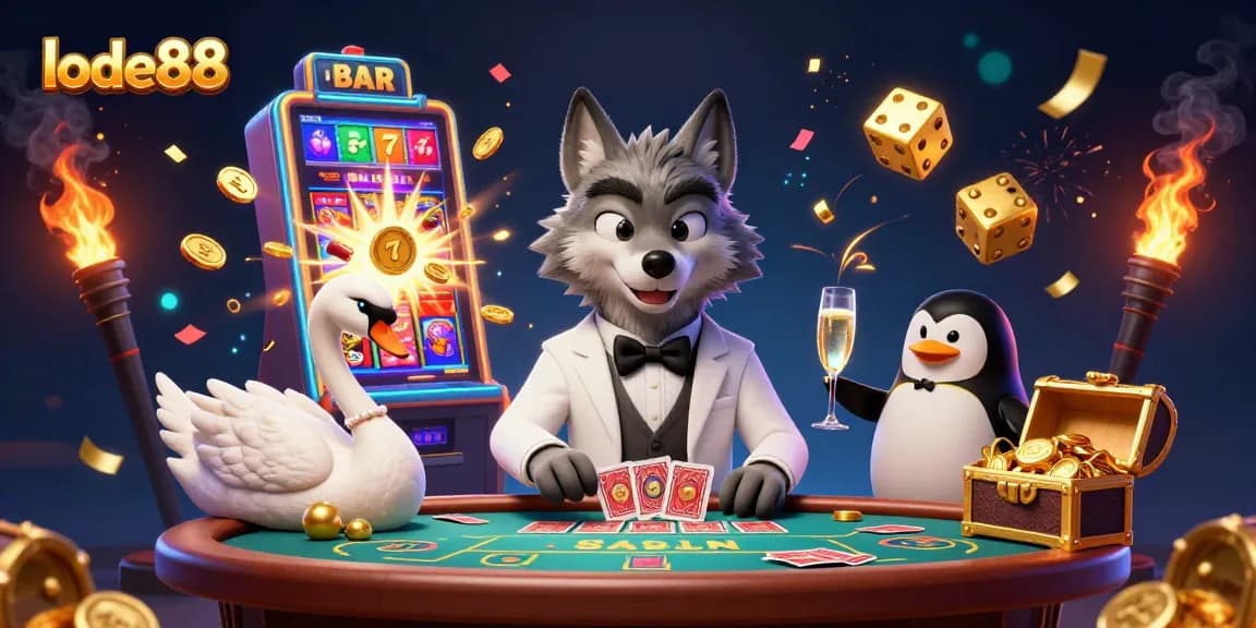 Experience the thrill of lode88 with a lavish casino scene featuring vibrant characters, games, and explosive payouts.
