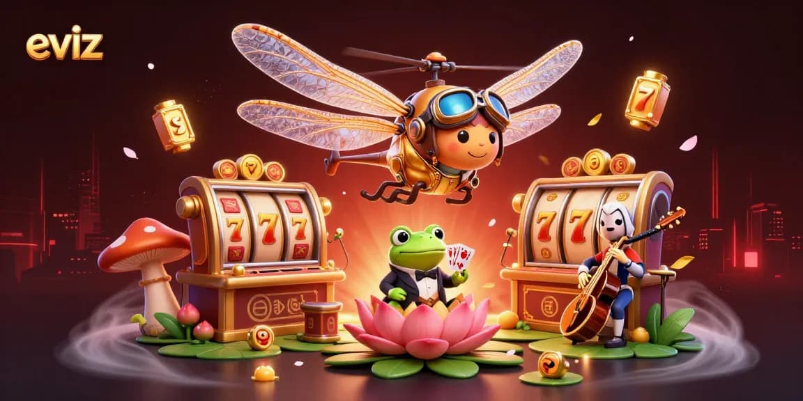 eviz showcases a dynamic 3D casino scene with a dragonfly pilot, frog dealer, and jazz musicians, illustrating vibrant gaming energy.