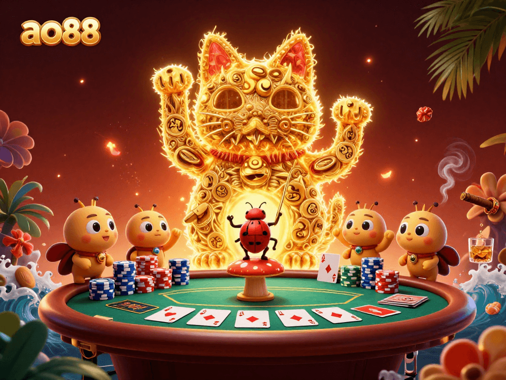 Experience the vibrant ao88 gaming scene with a golden lucky cat and rich casino elements.