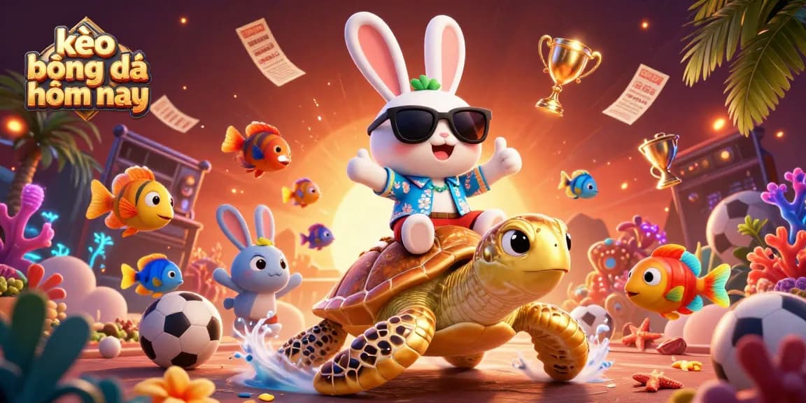 Engage with kèo bóng đá hôm nay as an adorable lucky rabbit rides a golden sea turtle in a vibrant casino-themed scene.