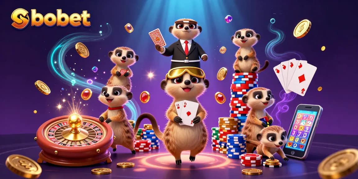SboBet meerkats managing a lively casino, showcasing card games and dynamic betting action amidst vibrant elements
