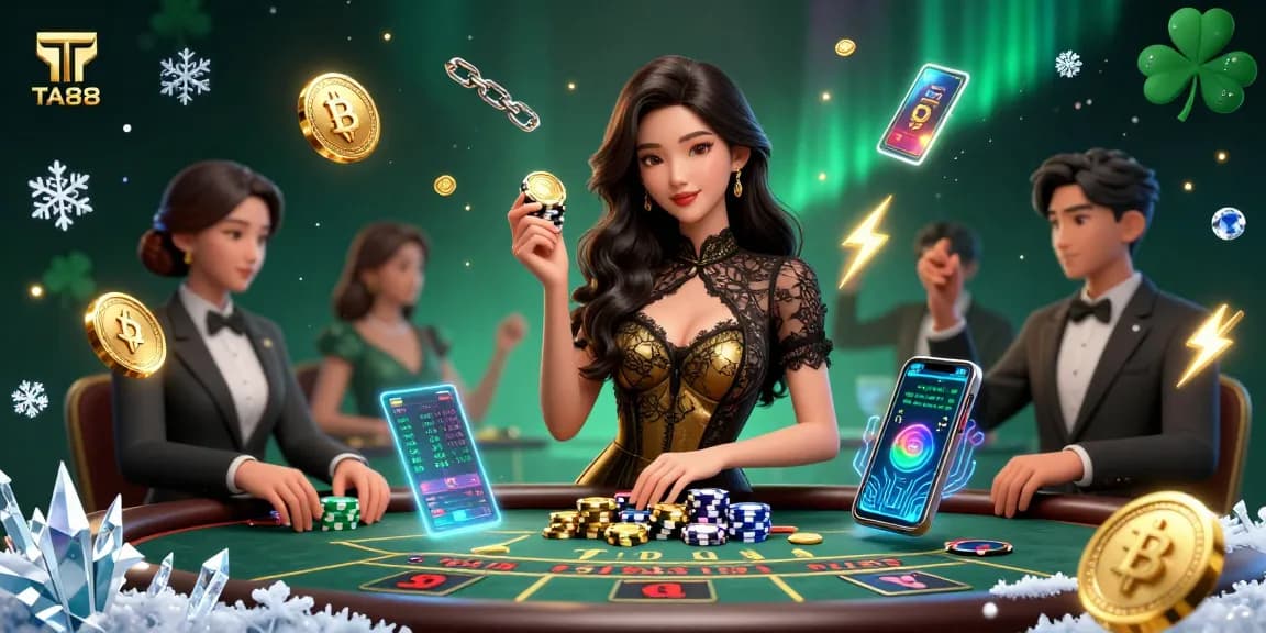 Experience high-stakes Baccarat with TA88, featuring glamorous players and cryptocurrency elements.