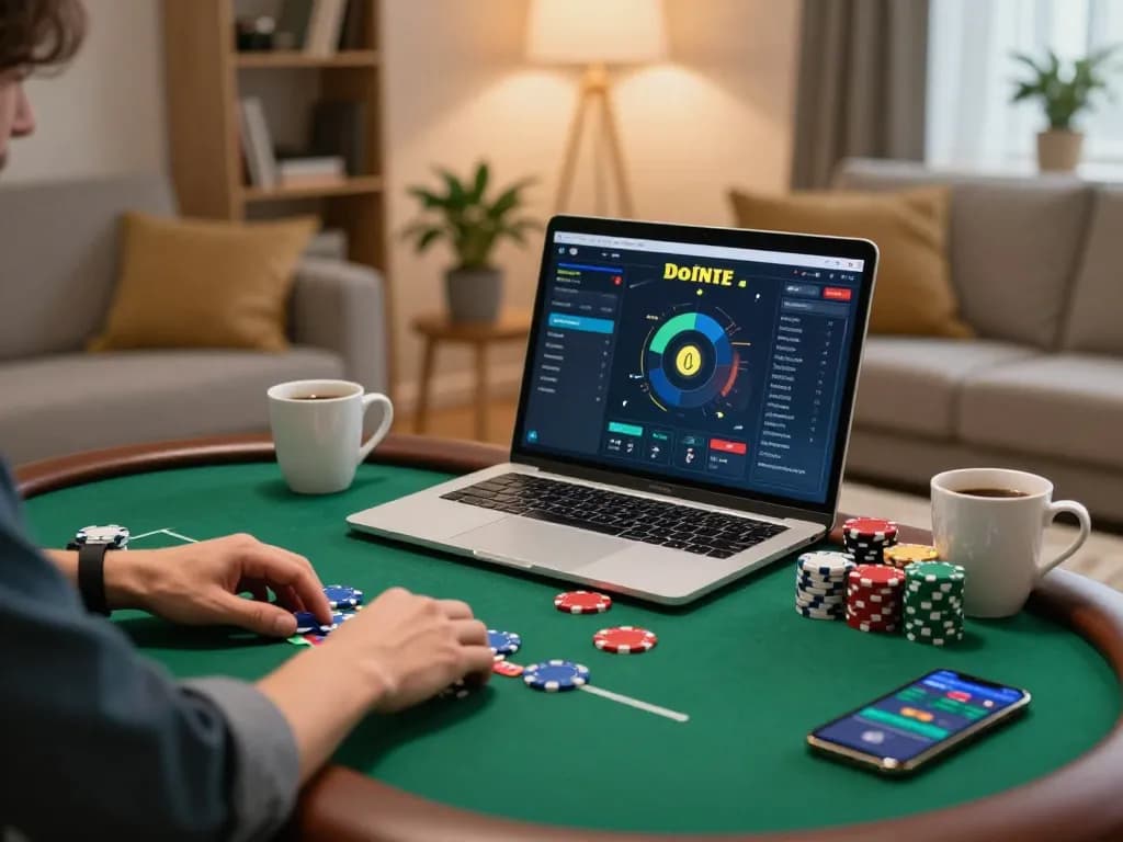 Engaged player enjoying poker on KK55 during a cozy home gaming session.