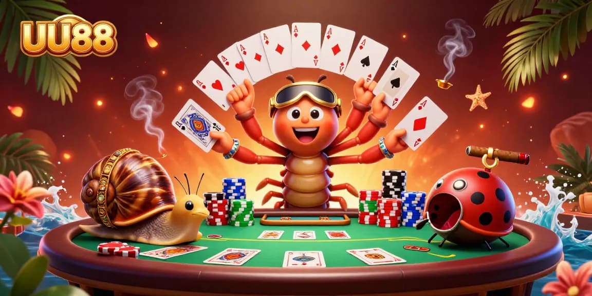 UU88's cartoon dealer showcases exciting poker action with vibrant characters and a colorful atmosphere.