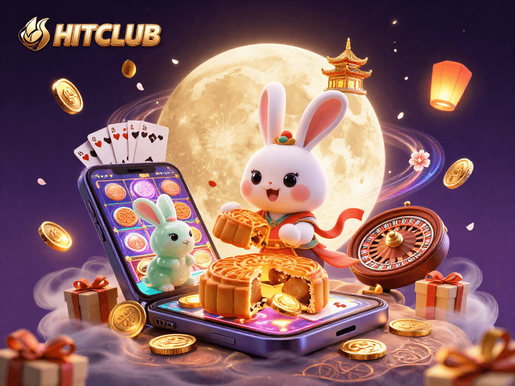 Engage with HITCLUB’s vibrant casino experience illustrated by a moon rabbit surrounded by dynamic game elements.