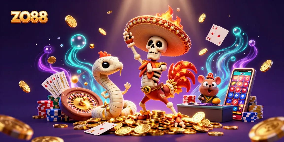 Experience winning vibes at ZO88 casino with vibrant 3D illustration of a joyful mariachi rooster, shimmering coins, and casino elements.