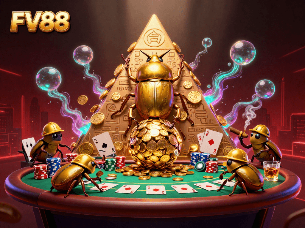 Experience thrilling fun at FV88, where a golden beetle rolls coins up a pyramid in this vibrant casino illustration.