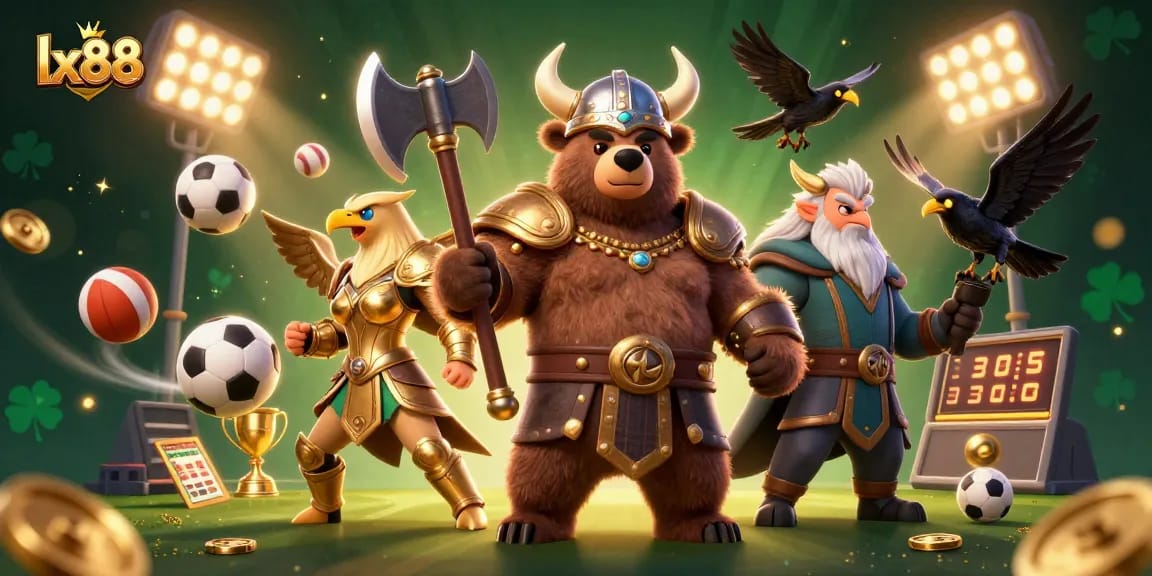 Experience thrilling gaming at lx88 with a Viking warrior and eagle in an exciting sports-themed scene.