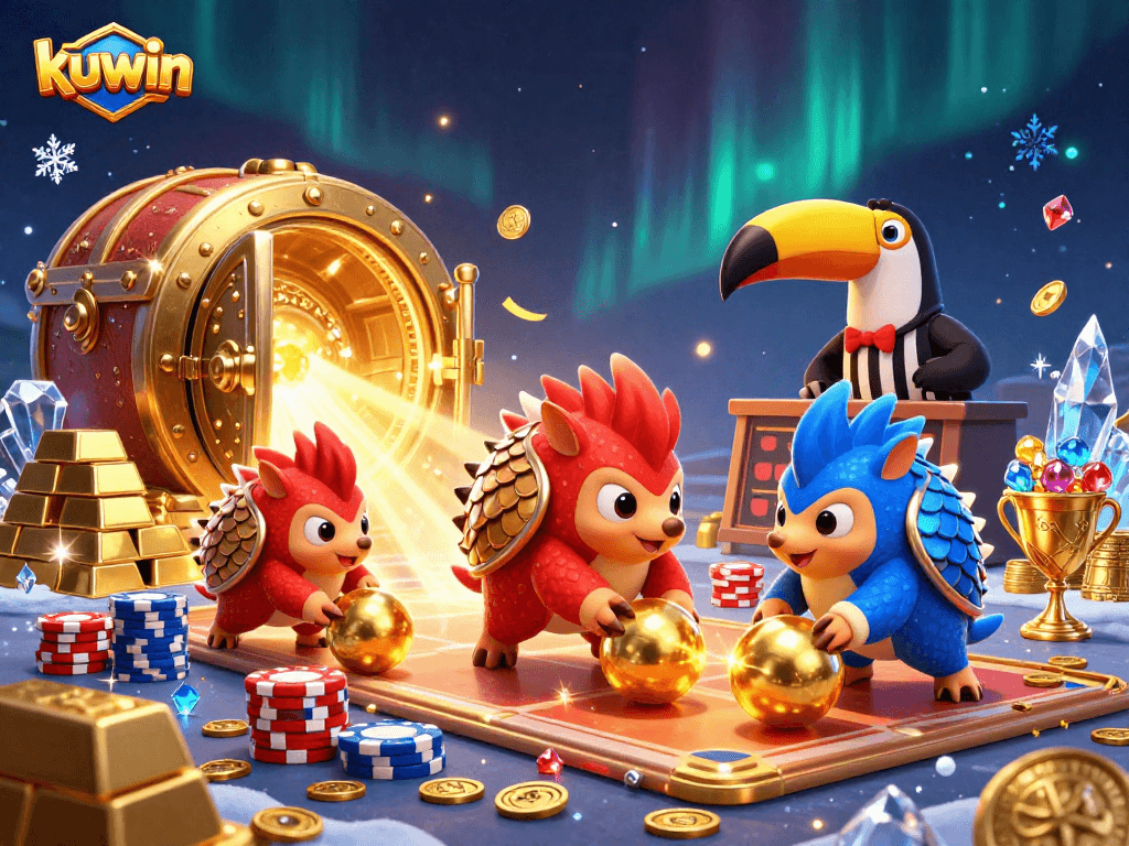 Kuwin players compete in a lively casino scene with pangolins, poker chips, and treasure, showcasing excitement in gaming.
