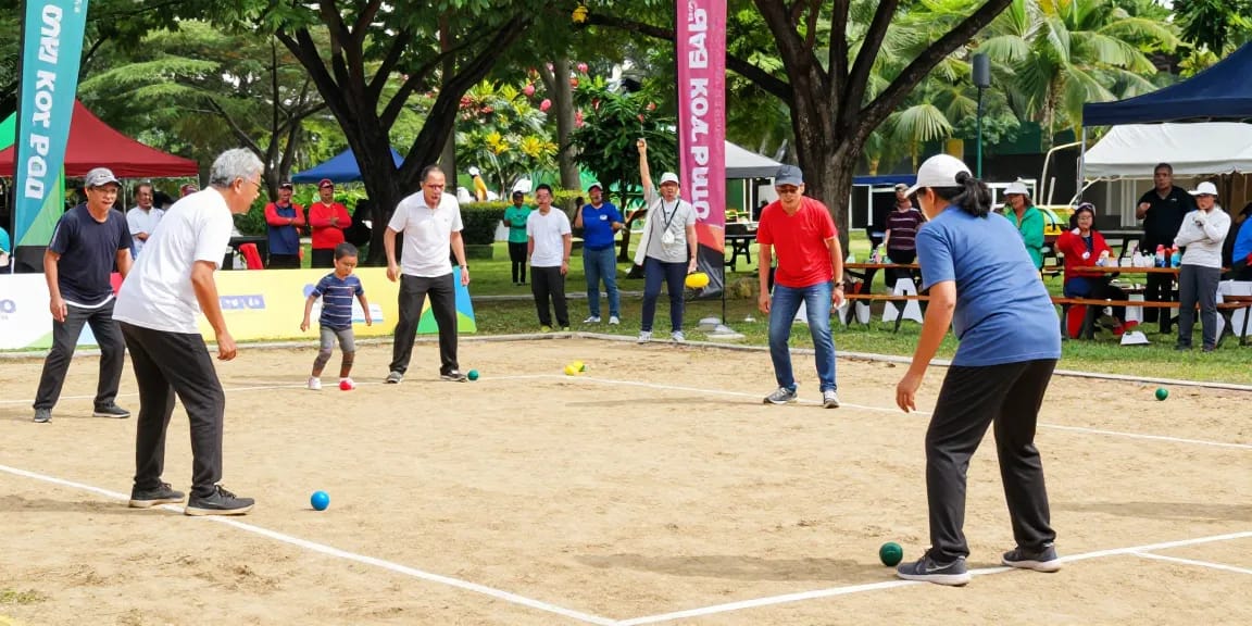 Dynamic petanque tournament atmosphere at fopikotapalu.org with players and spectators actively engaged in the sport.